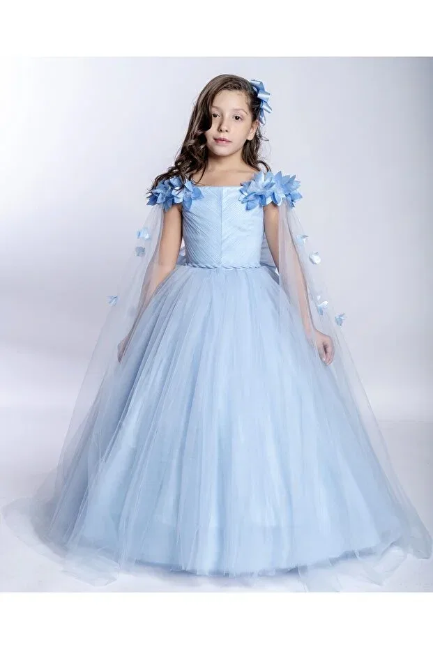 Детское платье для девочек с принтом Floral Sleeve Pulley Lidya Kids, Babyblue