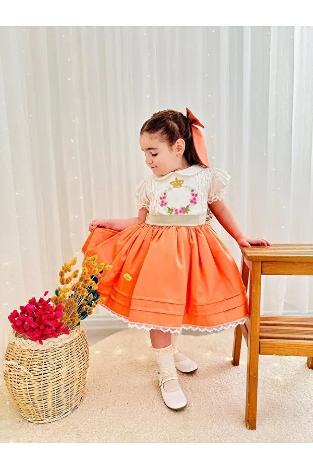 Детское платье для девочек кружевное Orange embroidered vintage baby girl dress Hly Karol Tasarım, Orange — фото 3