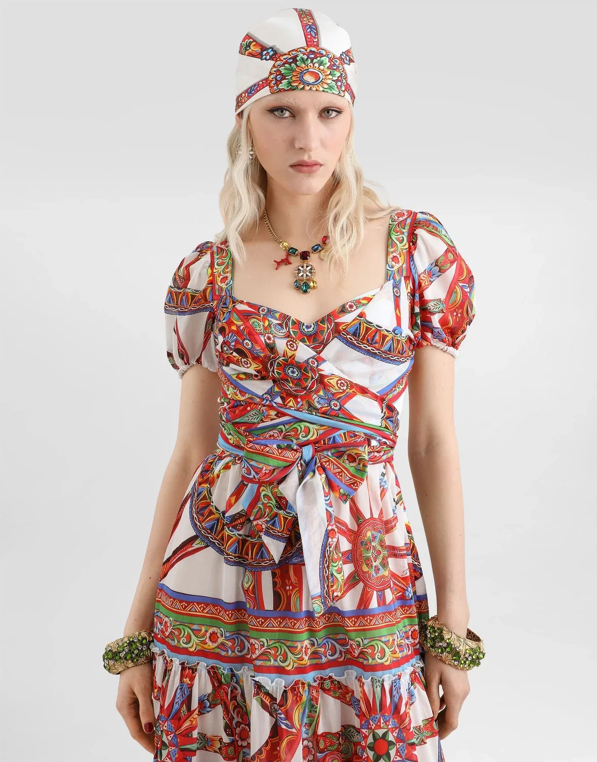 Длинное батистовое платье с принтом каретто Dolce & Gabbana, бежевый — фото 4