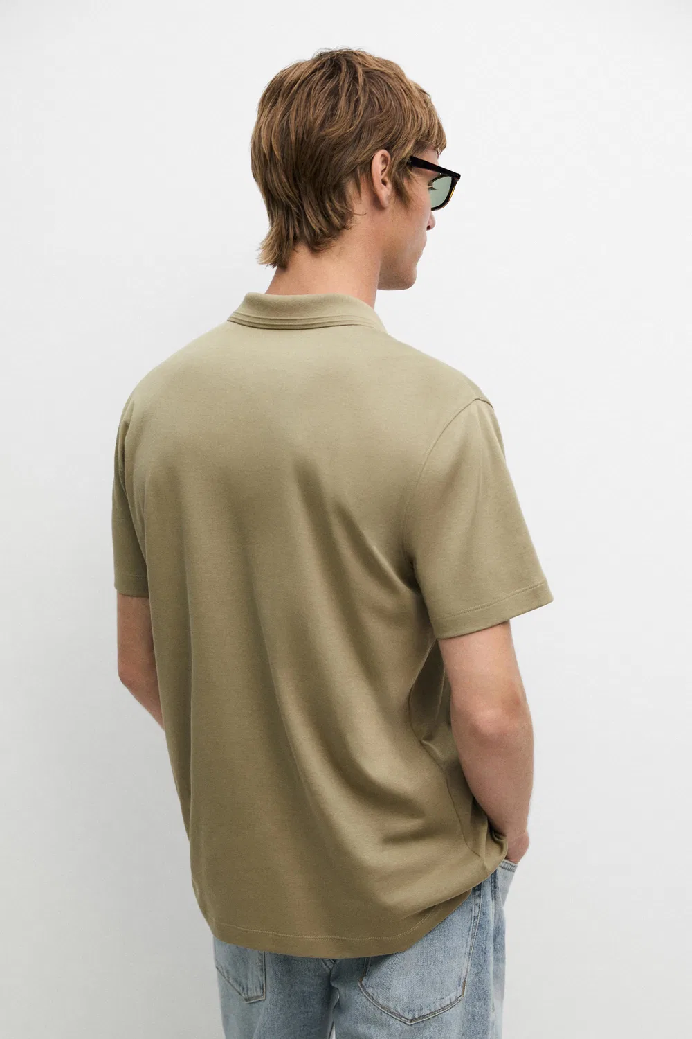 Рубашка поло Massimo Dutti, трикотажная, V-образный вырез, мохово-зеленый — фото 3