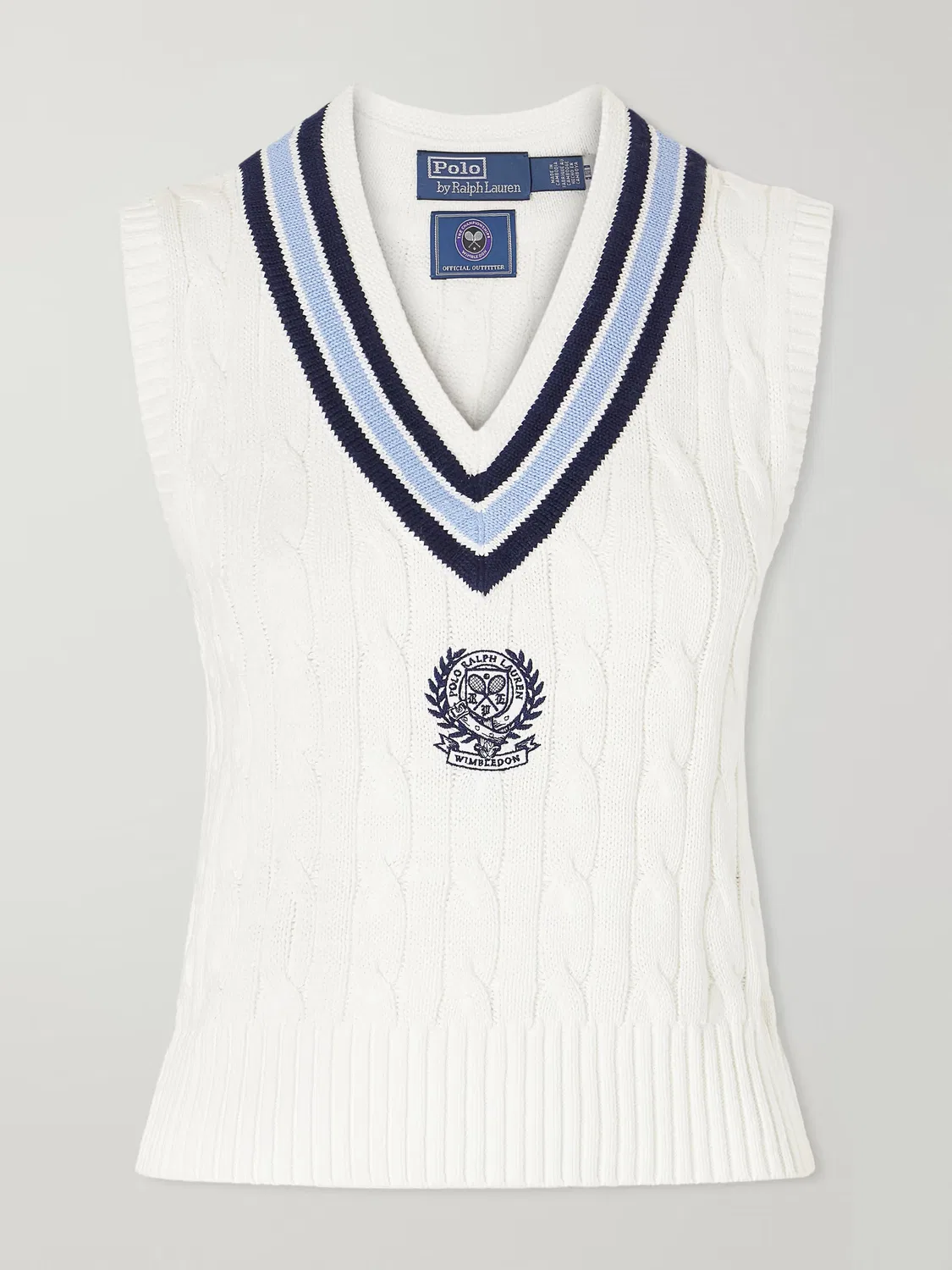Хлопковый жилет крупной вязки с вышитым логотипом Уимблдона Polo Ralph Lauren, кремовый