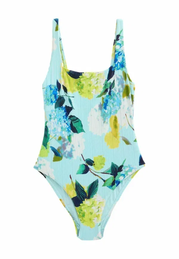 Купальник с цветочным принтом Tall fit - rib square neck tummy control swimsuit Next, Aqua Blue, Lime Green, Floral, бирюзовый/салатовый