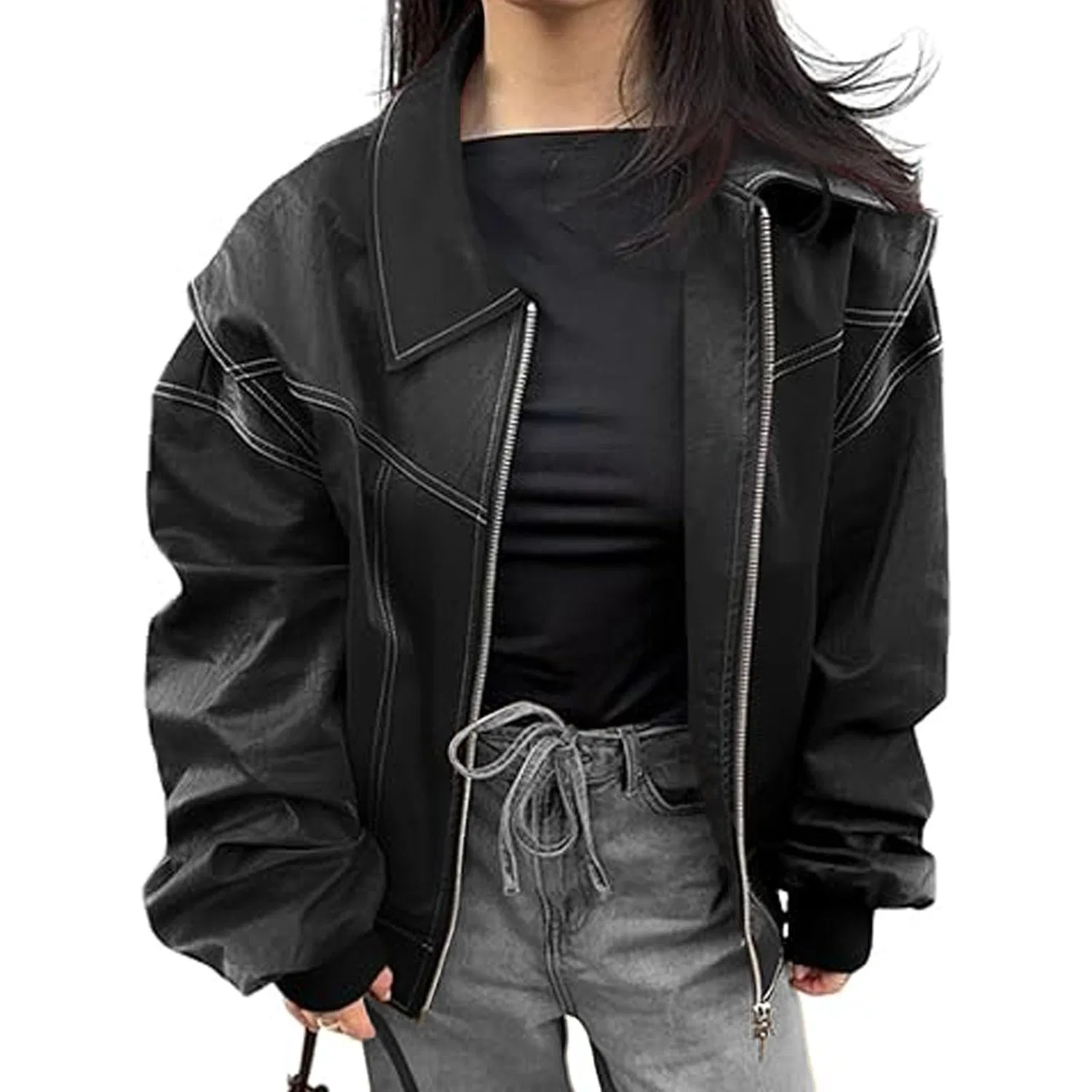 Женское пальто из экокожи с длинным рукавом Oversized Leather Outerwear Vintage Coat, Nero — фото 2