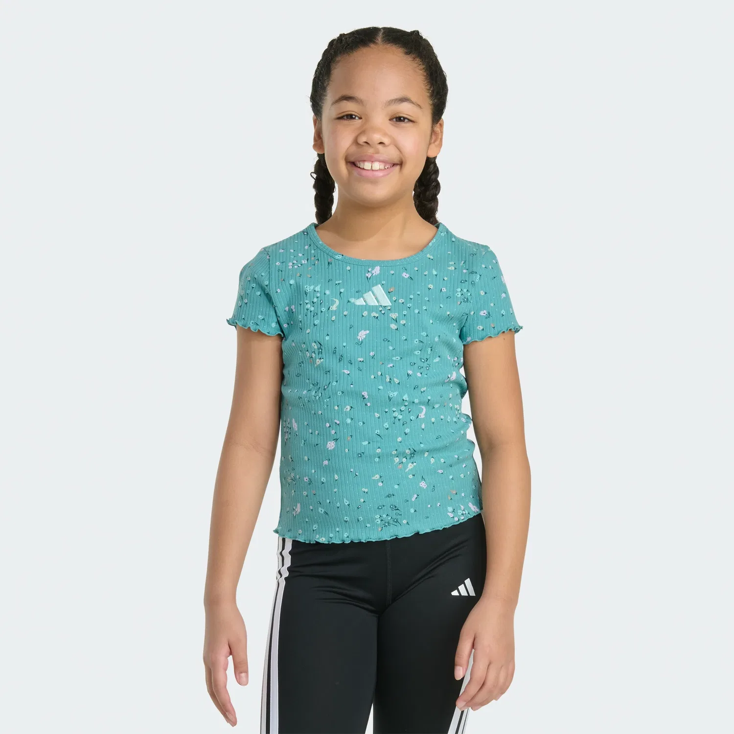 Детская футболка с коротким рукавом и цветочным принтом adidas, Teal Dust