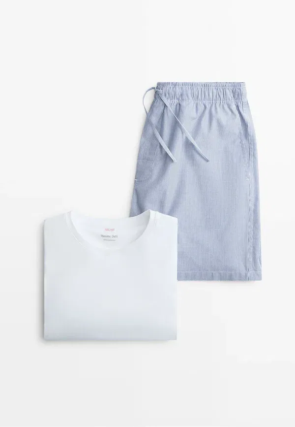 Пижамный комплект хлопковый Short sleeve pyjama top and striped trousers set Massimo Dutti, mottled dark blue, темно-синий — фото 4
