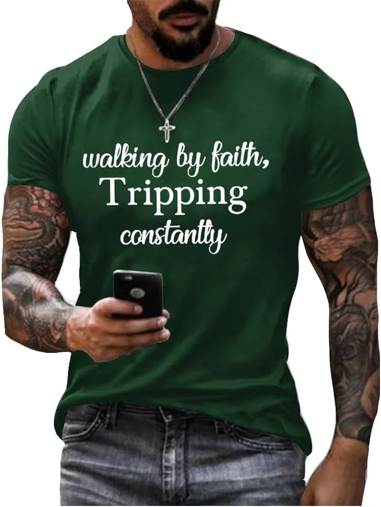 Мужская футболка с надписью Walking by Faith Tripping Constantly, Green