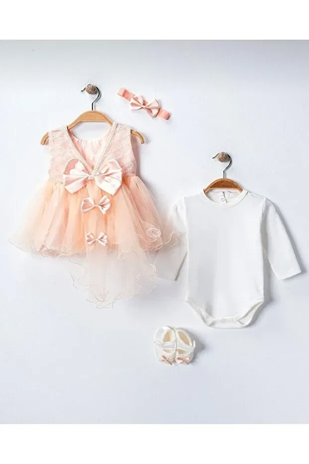 Детский комплект для девочек без рукавов 4-piece Mevlüt Dress Cherub Baby, Salmon — фото 3