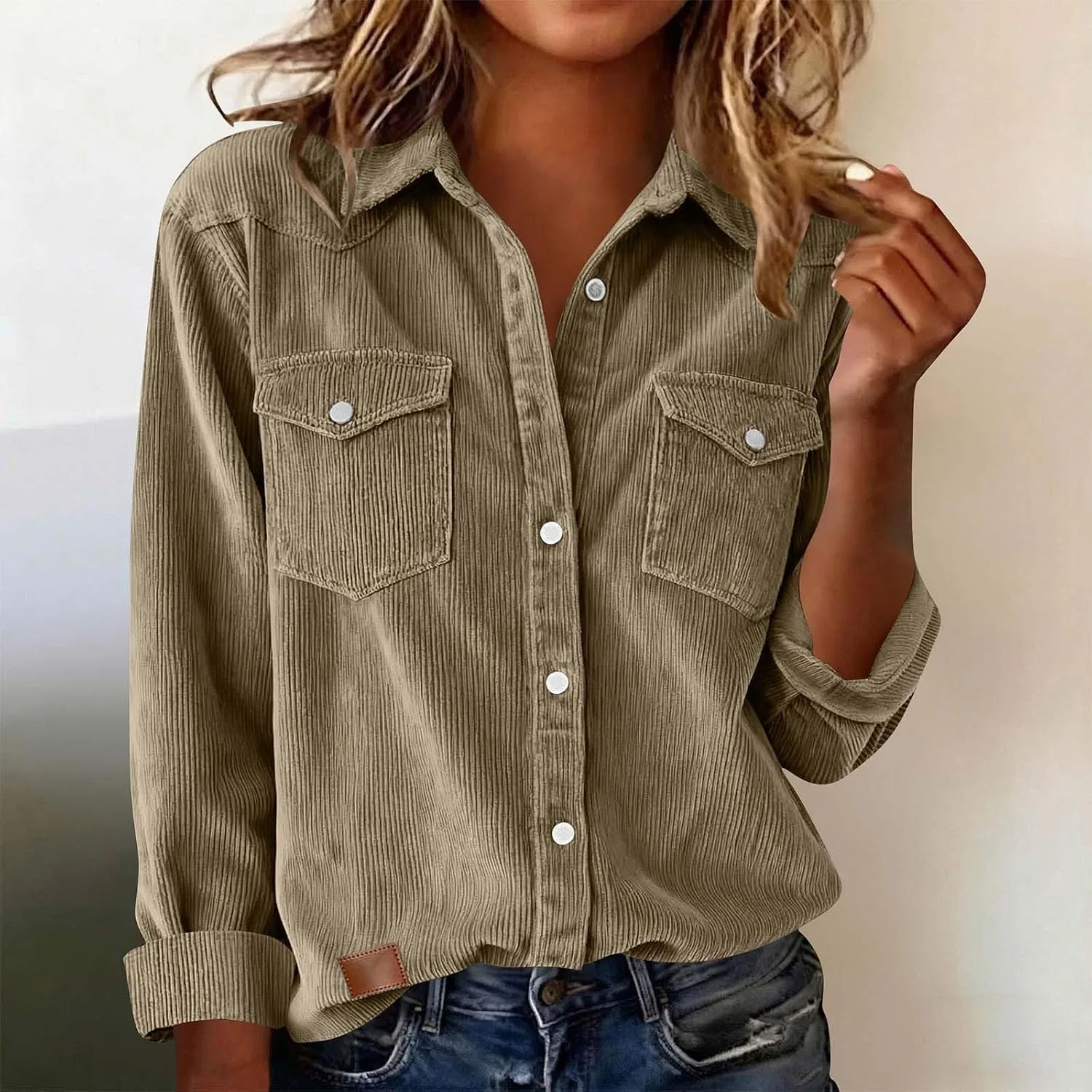 Женская рубашка из вельвета с длинным рукавом, модель Oversized Boyfriend, хаки — фото 2