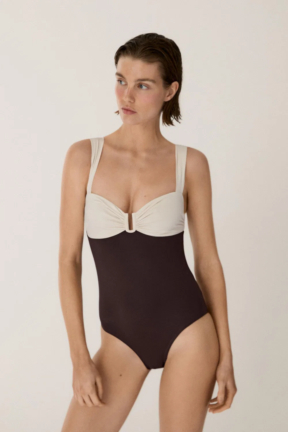 Купальник Massimo Dutti, с присборенной отделкой, коричневый