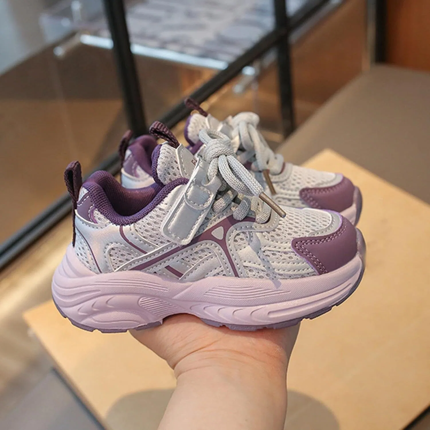 Детские кроссовки для девочек с принтом, на шнуровке и липучке, Purple — фото 3