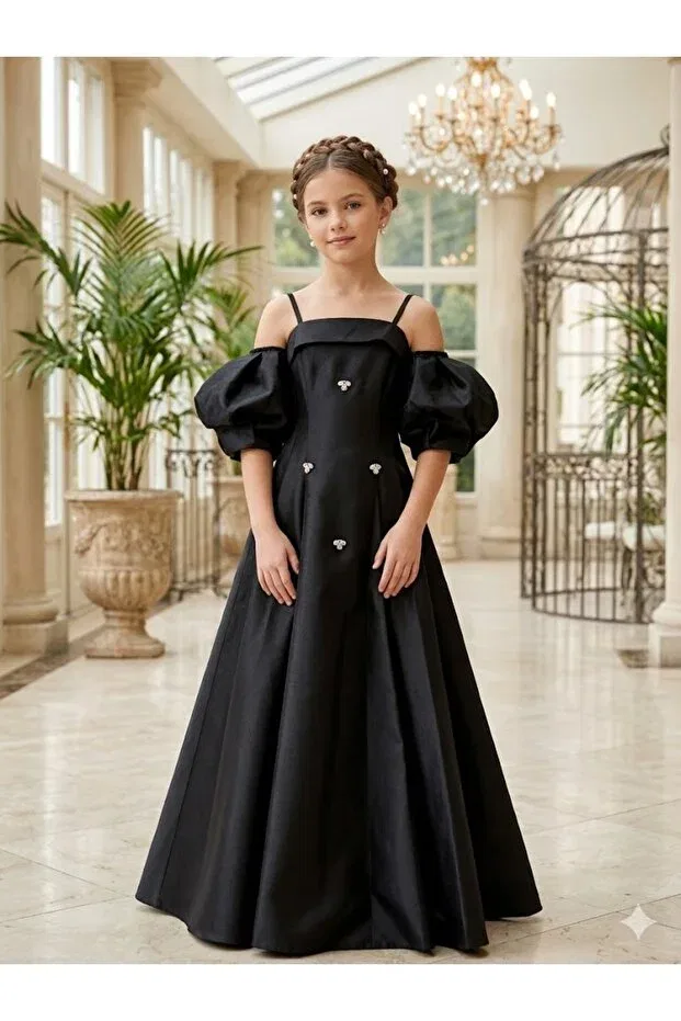 Детское платье для девочек с принтом Balloon Sleeve Girl's Evening Dress With Bow Detail On The Back Erkut, Black — фото 2