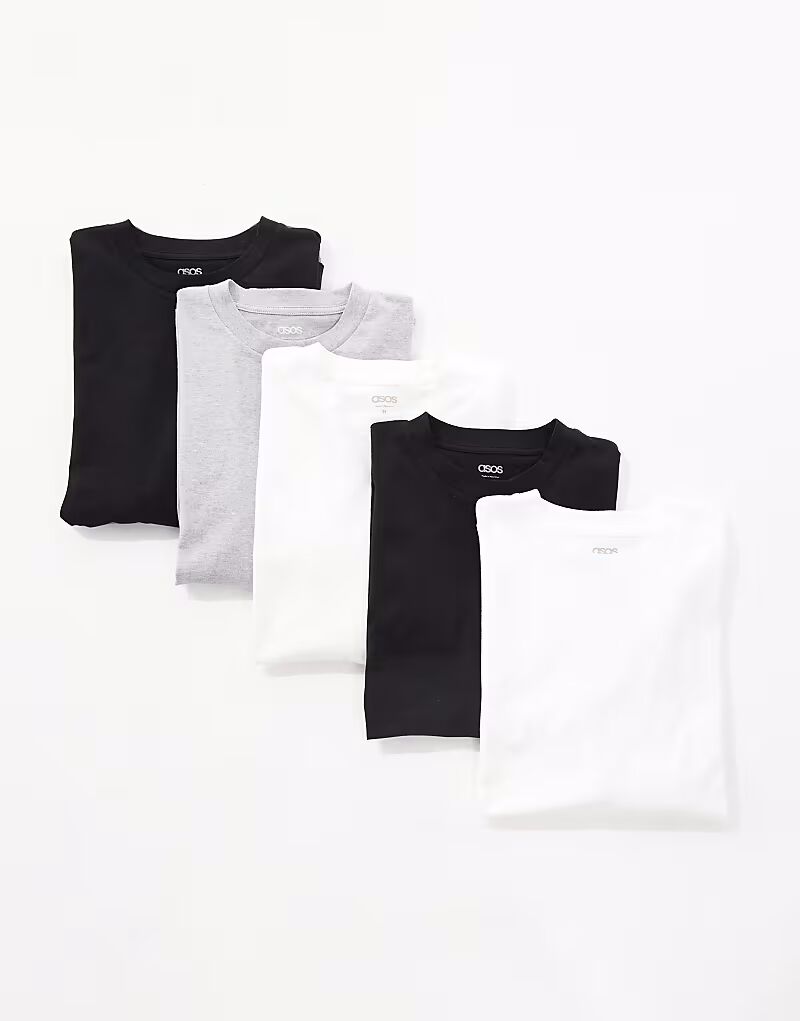 

ASOS DESIGN, упаковка из 5 базовых футболок оверсайз белого, черного и серого меланжевого цветов