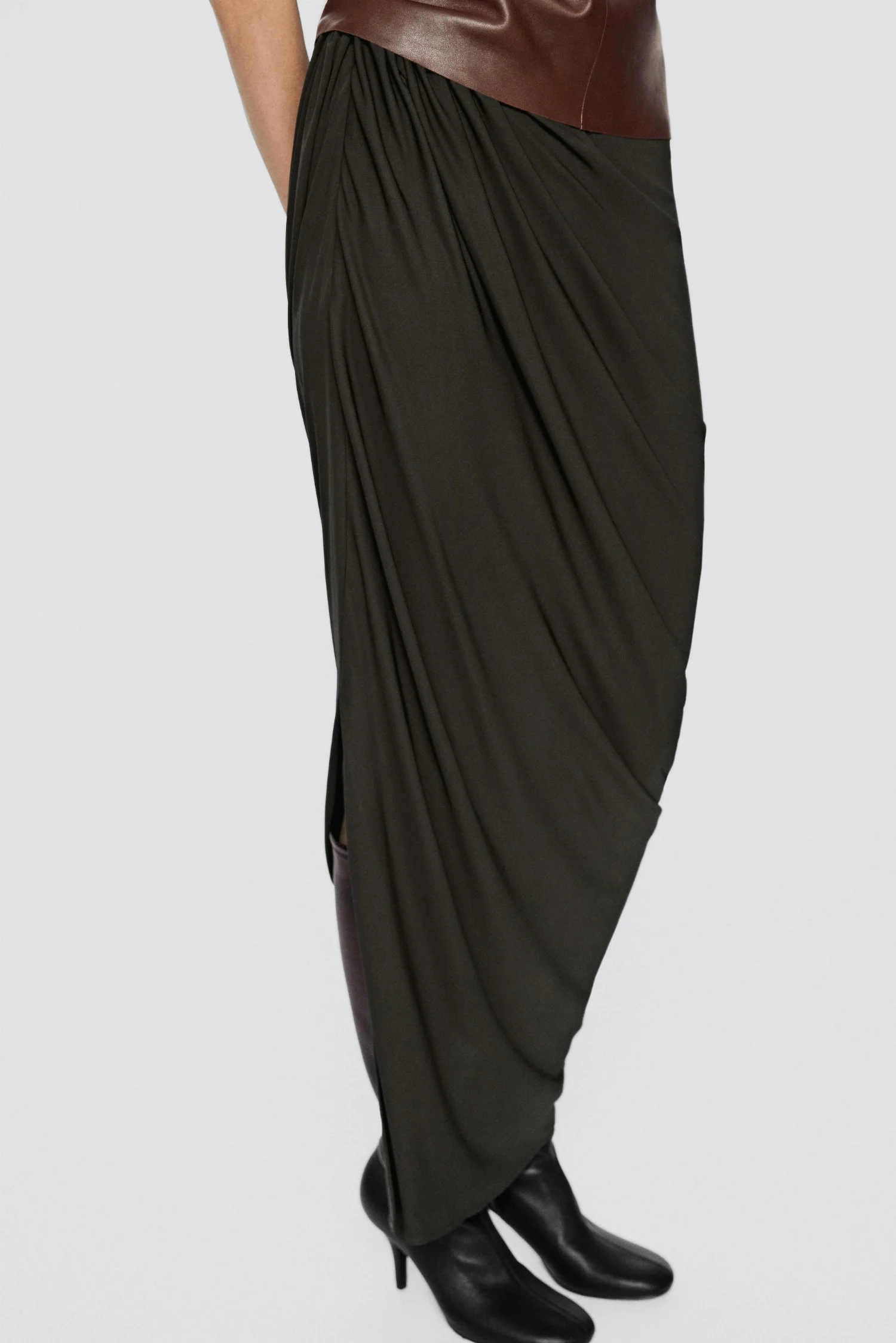 Юбка-миди Massimo Dutti Draped - Limited Edition, коричневый — фото 3