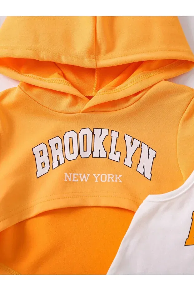Детский спортивный комплект из толстовки и брюк с принтом Brooklyn White Strappy Crop Machetta, Orange — фото 3