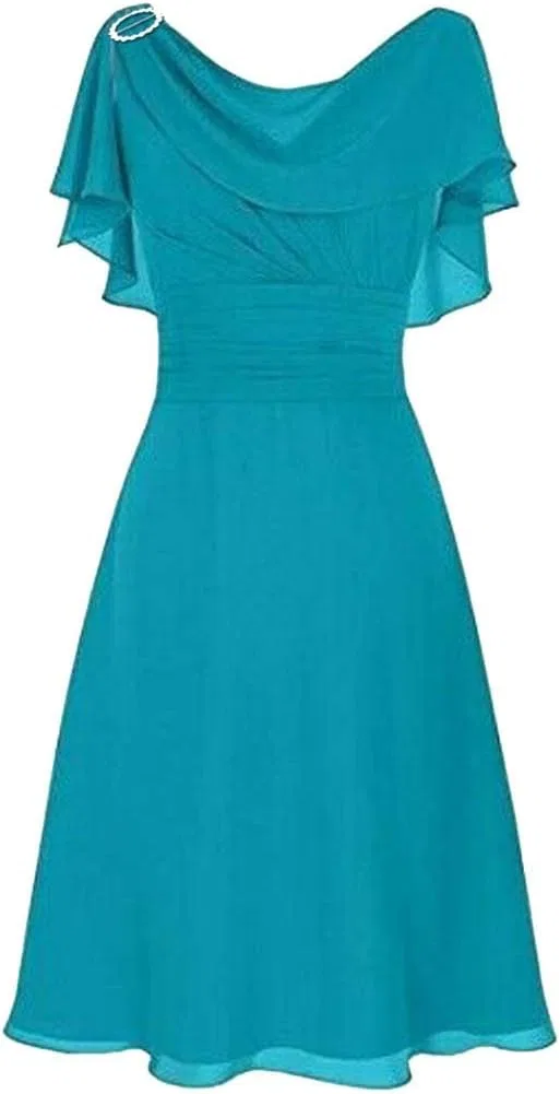 Женское платье миди с накидкой на рукавах Chiffon Sleeveless V Neck Capelet Sleeve Overlay A-Line Knee Length Sundress, Blue — фото 2