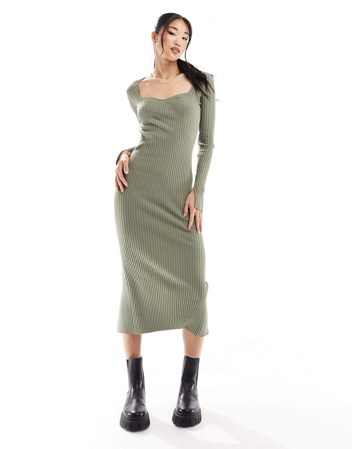 

Платье Bershka Sweetheart Neckline Knitted Maxi, серо-зеленый