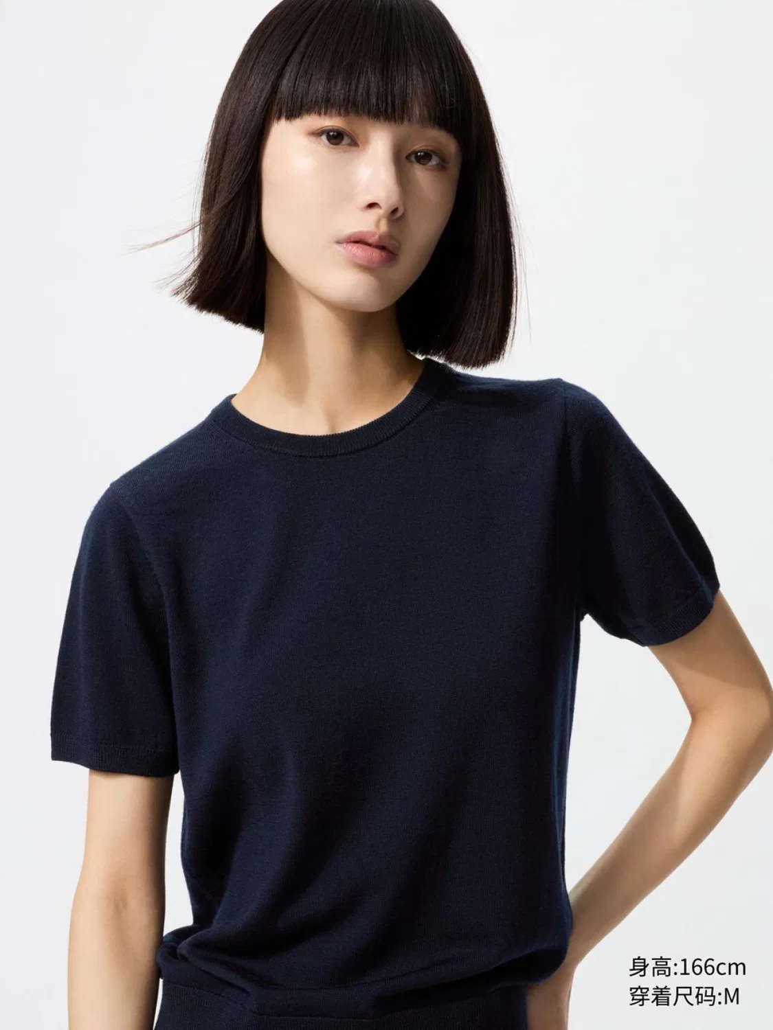 Свитер из мериносовой шерсти с коротким рукавом Uniqlo, темно-синий