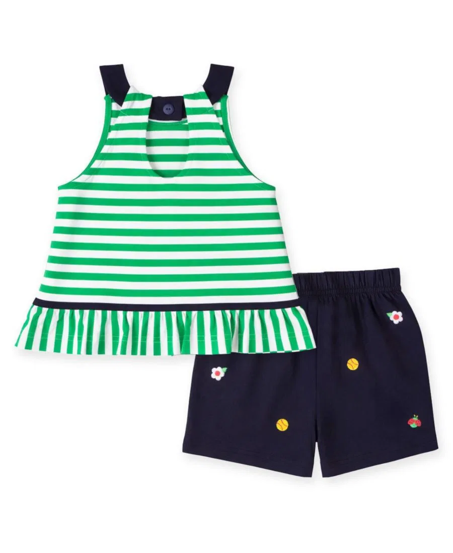 Детский комплект для девочек из топа и шорт с принтом Big Girl Knit Short Set With Softballs, Flowers, Ladybug Florence Eiseman, Green — фото 2
