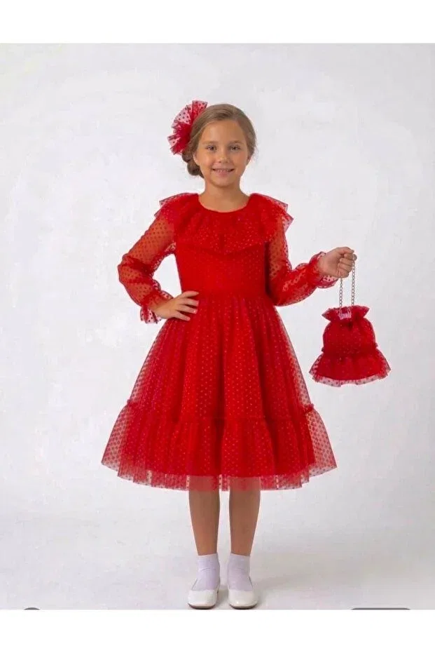 Детское платье для девочек с принтом Small Polka Dot Bag And Buckle Fluffy Tulle Lunas Tekstil, Red — фото 2