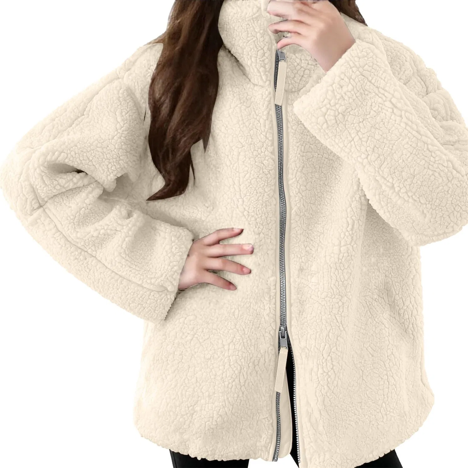 Женская куртка из флиса с принтом, на молнии, оверсайз, Beige