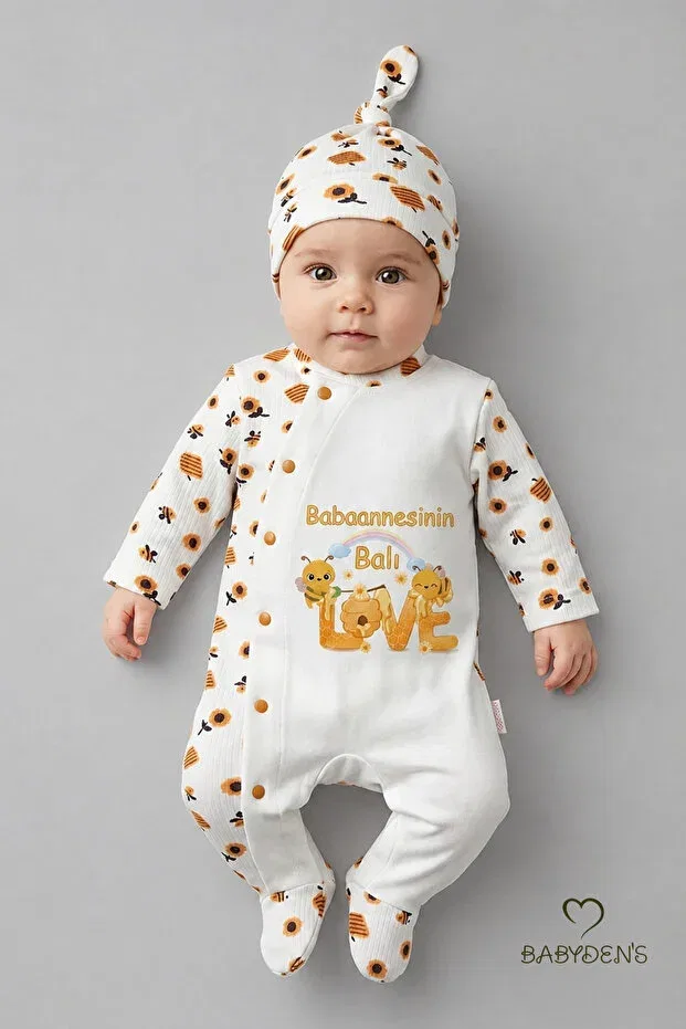 Детское боди-комбинезон для новорожденных с принтом Grandma'S honey written newborn baby romper hat set bee pattern Babyden'S, Ecru