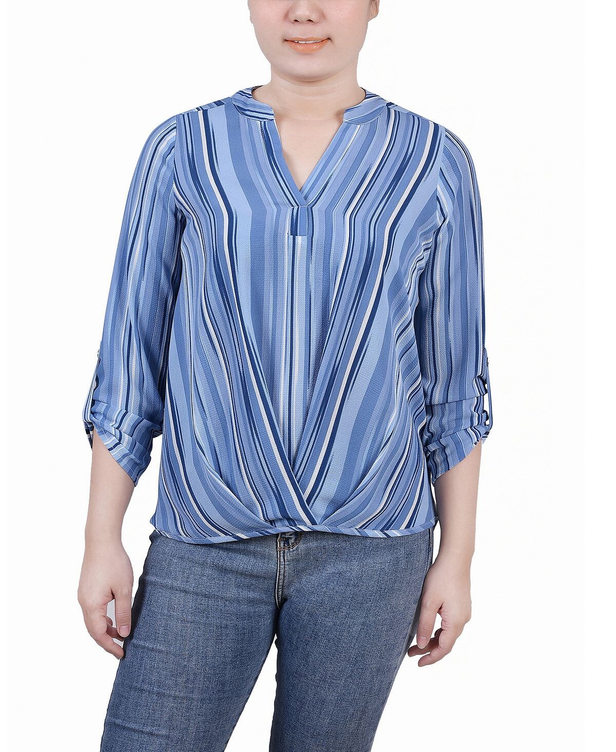 

Блузка petite size 3/4 с пуговицами и воротником-стойкой со складками спереди NY Collection, мульти