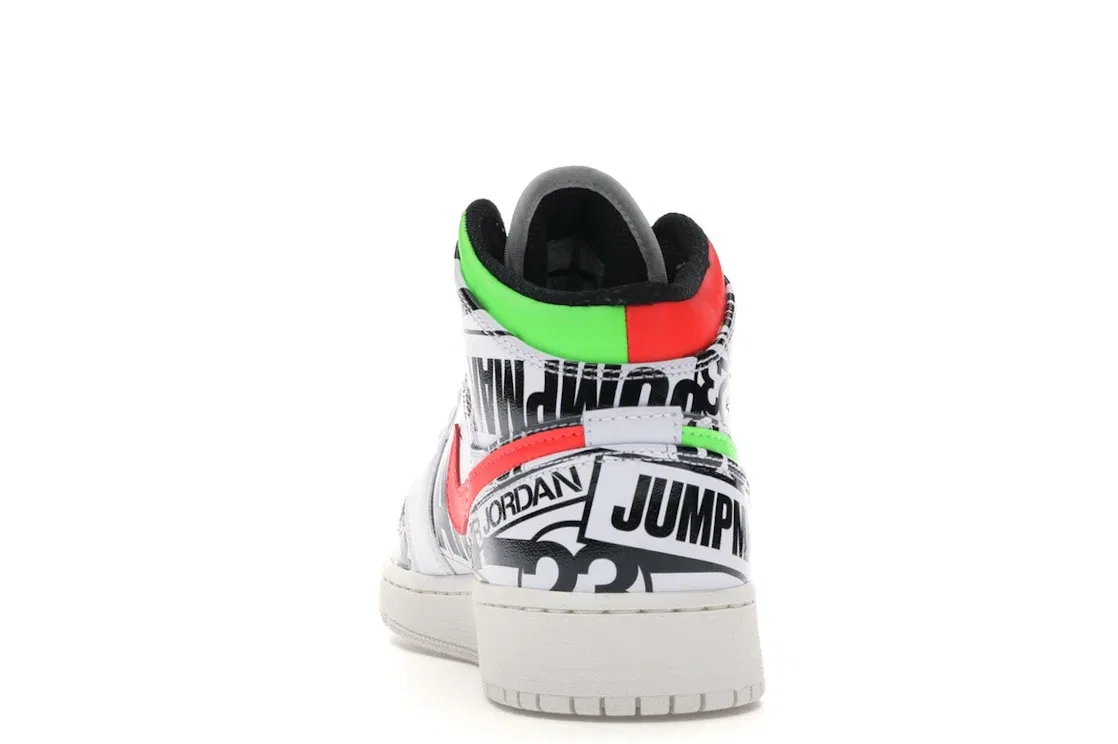 Детские кроссовки с принтом Jordan 1 Mid All Over Logos Jordan, White/Racer Blue-Black-Cyber-Infrared 23-Sail — фото 4