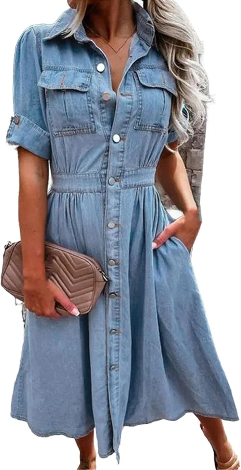 Женское джинсовое платье A-силуэта с коротким рукавом, Blue