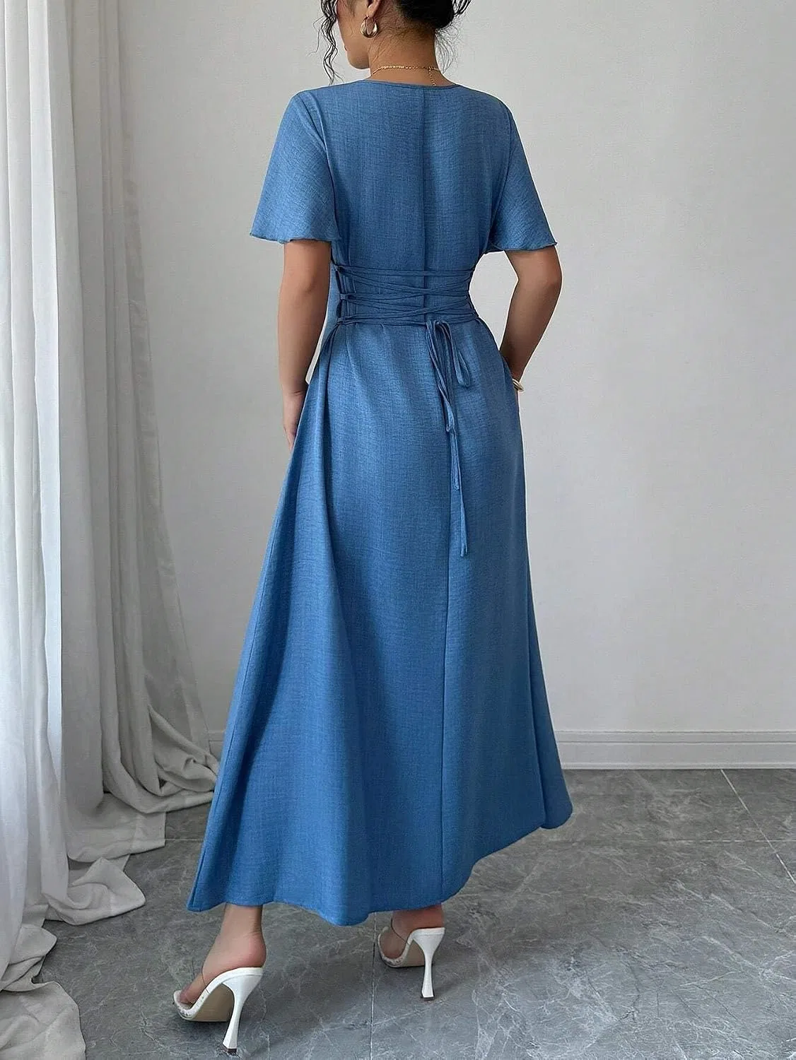 Женское A-силуэта длинное платье на молнии, Blue — фото 2