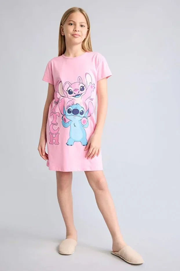 Детское платье для девочек с принтом Disney Lilo & Stitch Short Sleeve Pink Dress for Girls H5515A826SM Defacto, Pink-Pn253