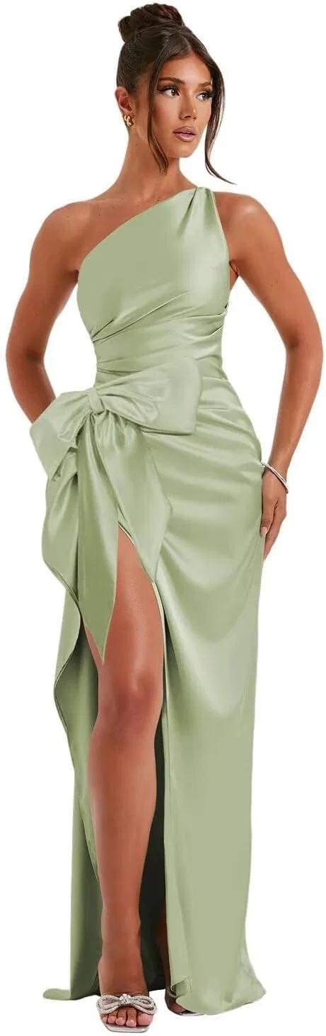 Женское вечернее платье с одним плечом и бантом MJ56, Sage Green