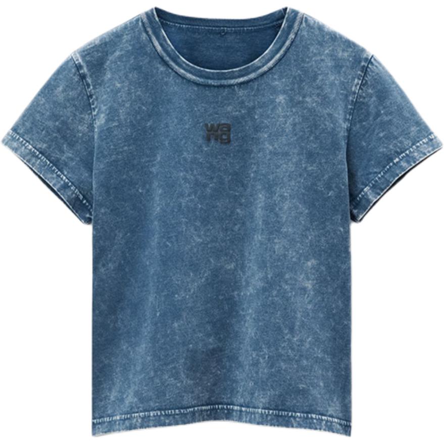 Футболка Alexander Wang с логотипом и контрастной горловиной, кислотная черная ледяная, эффект состаренности — фото 2