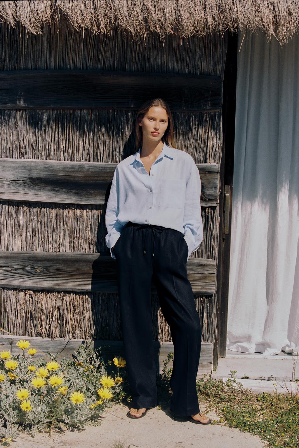 

Прямые брюки из льняной смеси ZARA, темно-синий