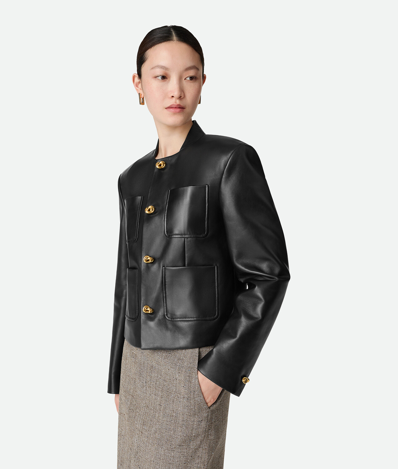 Женский кожаный блузон Leather Blouson BOTTEGA VENETA, черный — фото 2