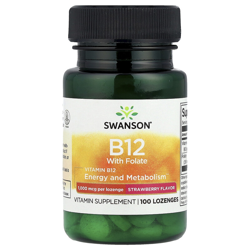 

Swanson, Витамин B12 с фолатом, клубника, 100 пастилок