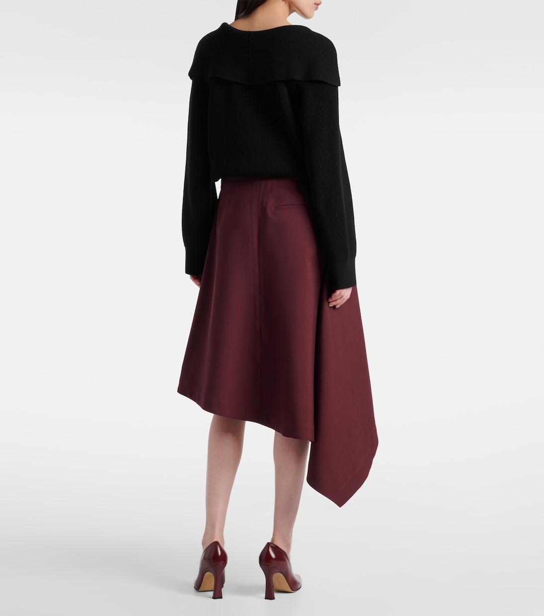 Асимметричная шерстяная юбка-миди Bottega Veneta, Aubergine — фото 3