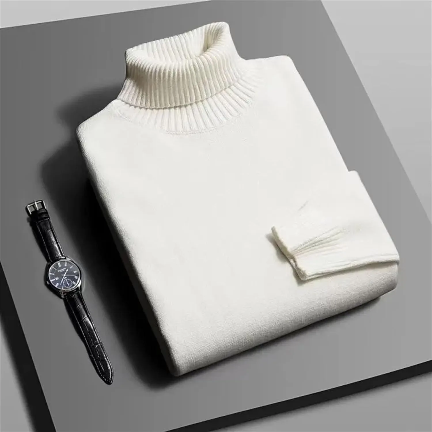 Мужской вязаный свитер с высоким воротником Slim Fit, устойчивый к скатыванию, однотонный, теплый, повседневный Generic, светло-серый — фото 3