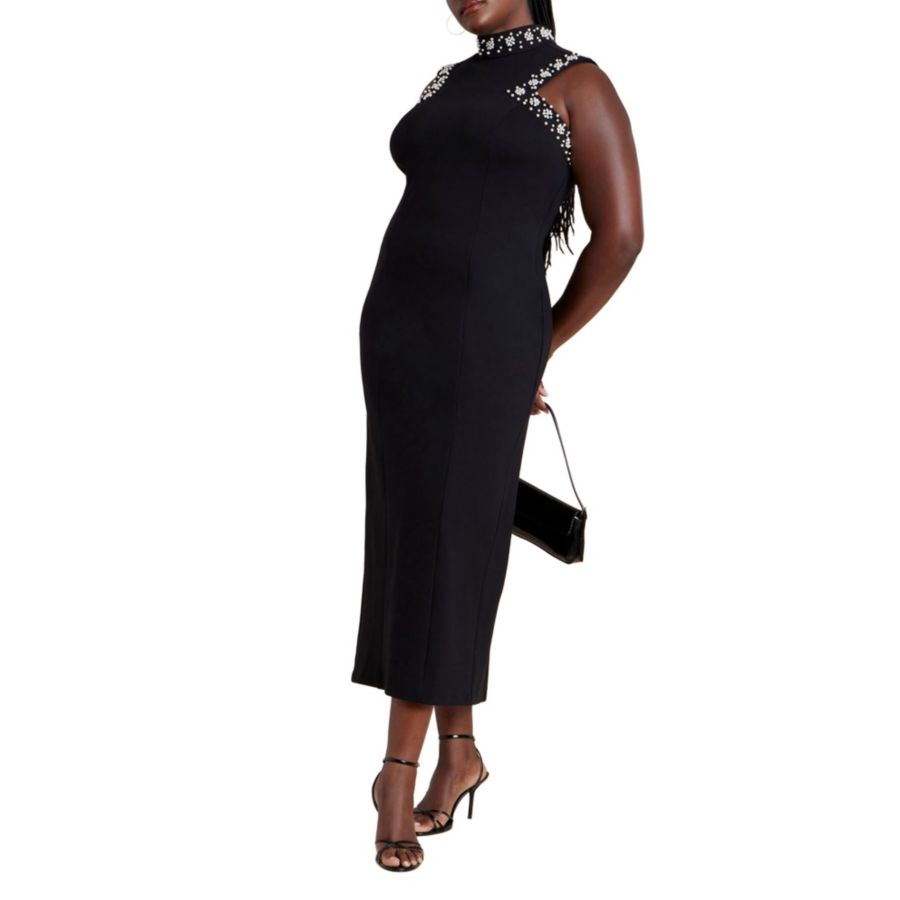 

Женское трикотажное платье большого размера с вышивкой и без рукавов ELOQUII, Black onyx