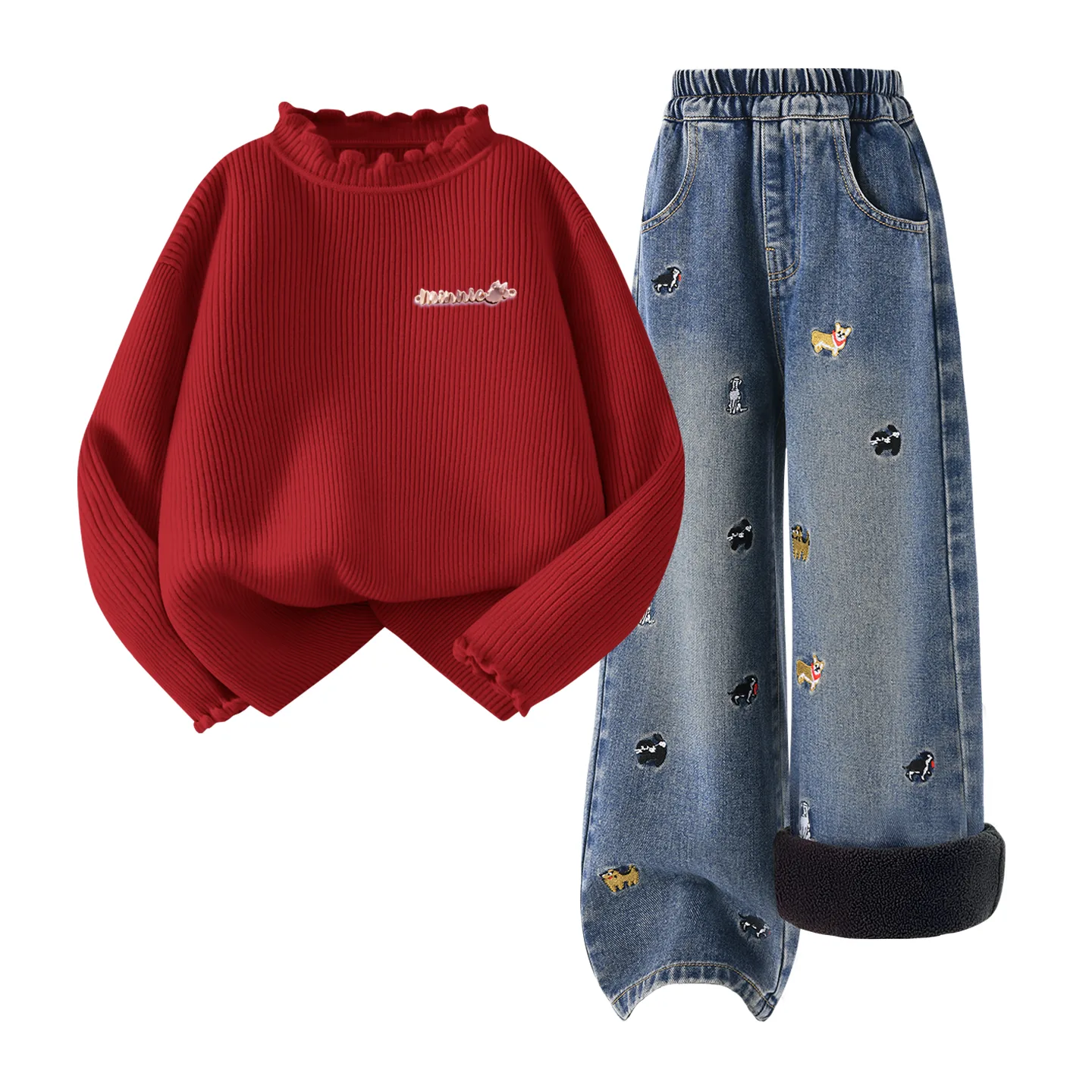 Детский спортивный костюм с круглым вырезом Disney, [Thickened and Fleece-Lined]Di-Chang Metal Logo K Burgundy+Solid Color Denim Blue