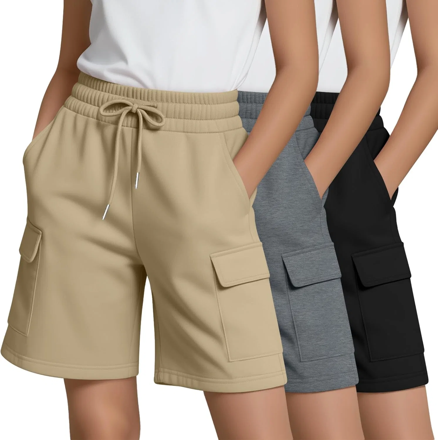 Шорты бермуды для девочек, 3 шт, LessonZoo, Black, Dark Gray, Light Khaki