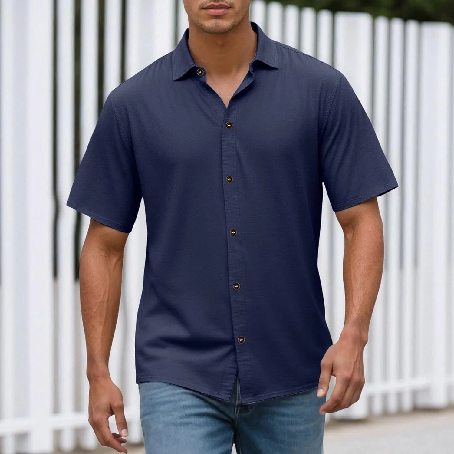 Мужская рубашка с коротким рукавом, slim fit, тёмно-синий — фото 2