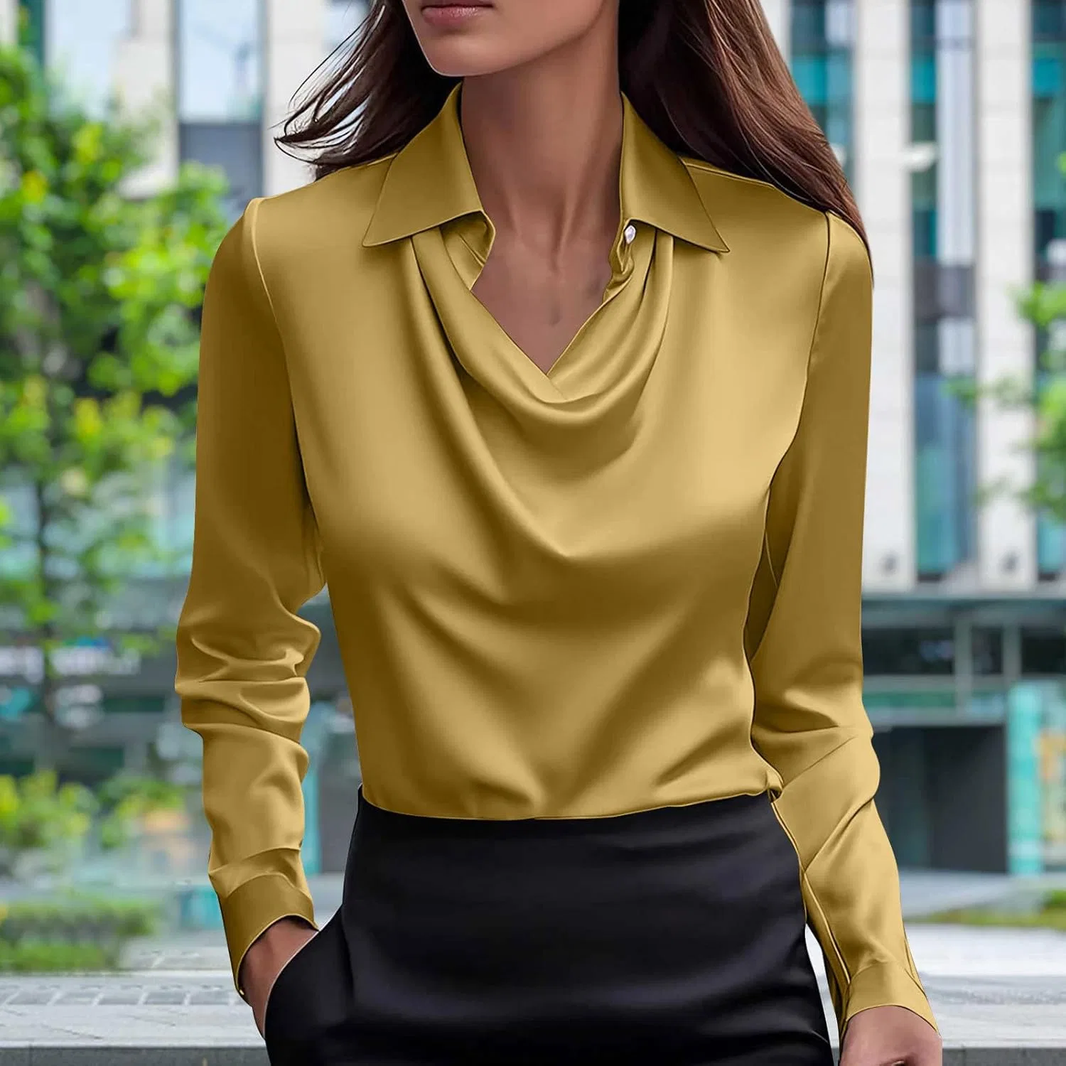 Женская блуза с воротником-качели из сатина Pelang, Yellow — фото 2