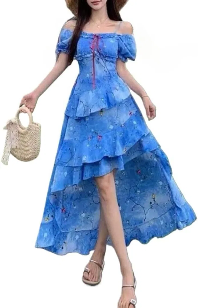 Женское летнее платье макси с асимметричным подолом, Blue