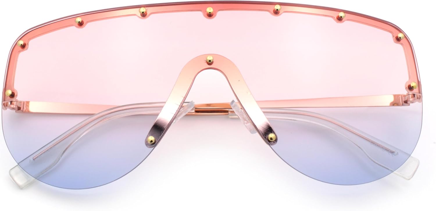 

SA106 Металлические заклепки, плоская верхняя часть, полуободковая оправа, безободковые солнцезащитные очки-щиток, увеличенного размера, в стиле «гоночные очки», Gold - Pink Blue