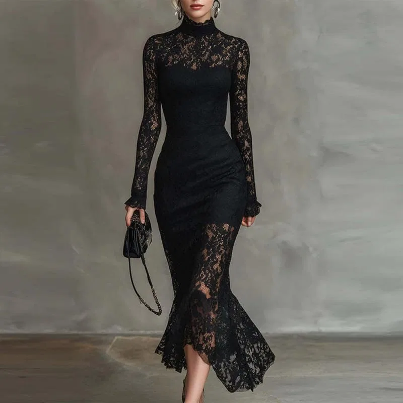 Женское элегантное кружевное макси-платье с длинным рукавом, Black — фото 2