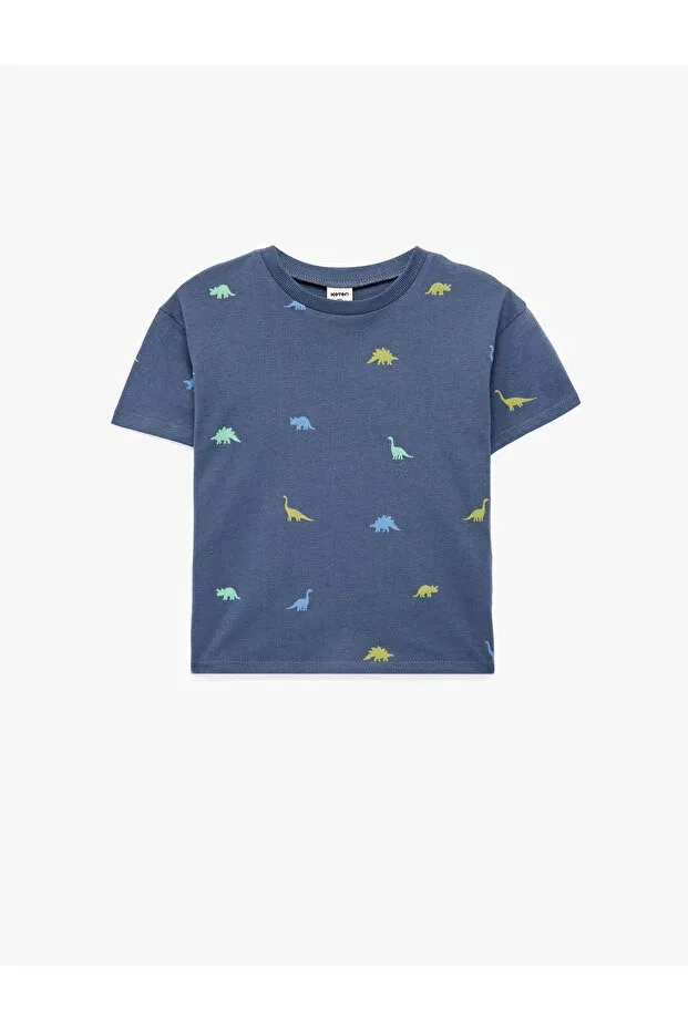 Детская футболка с принтом Cotton crew neck short sleeve dinosaur printed t-shirt Koton, Navy Blue Patterned — фото 4
