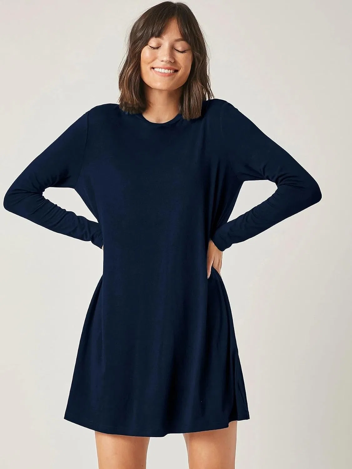 Женское повседневное платье-футболка трапеция с круглым вырезом, Navy Blue — фото 3