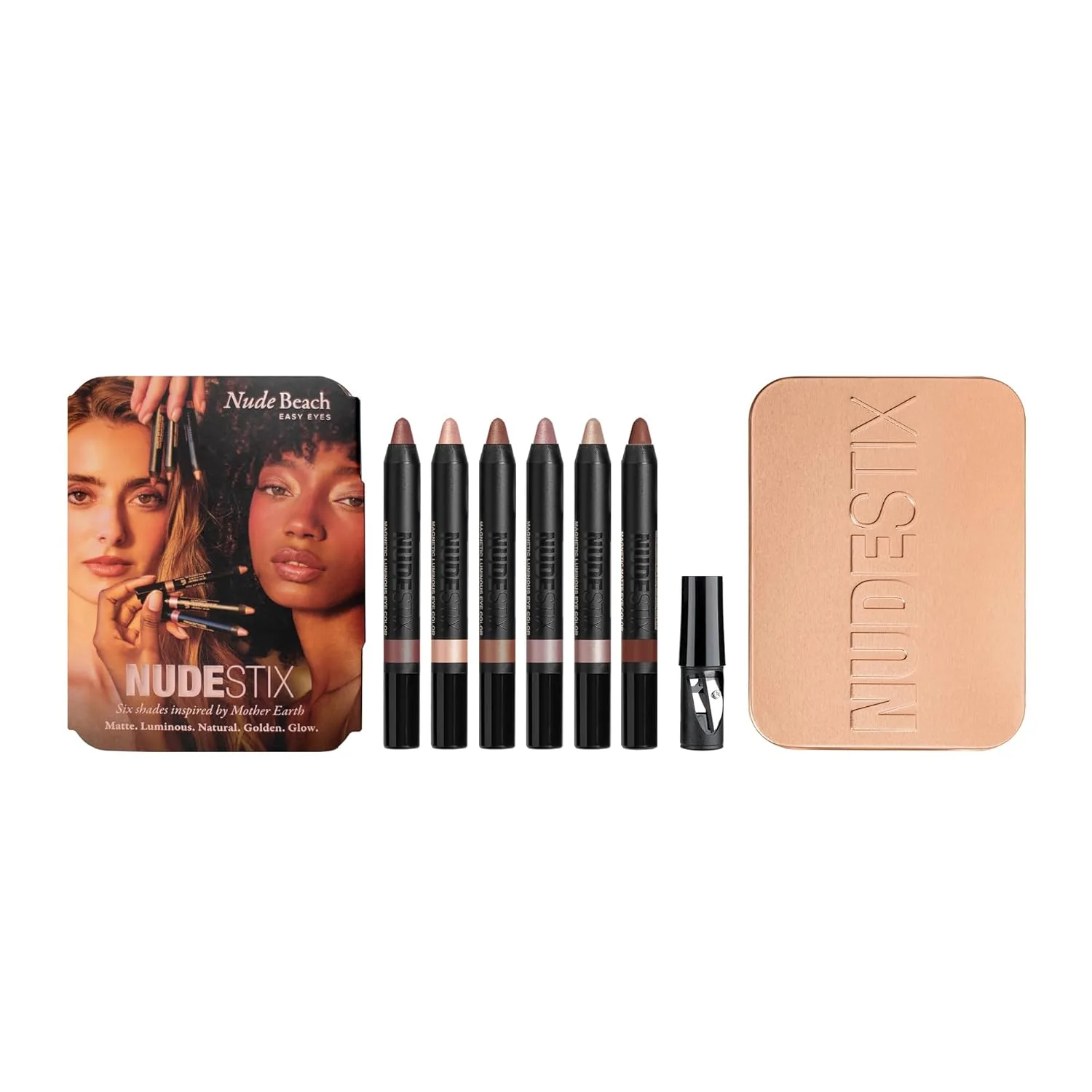 Набор Nudestix Nude Beach из 6 карандашей для век в матовых и сияющих текстурах, оттенки nude, bronze и rose gold, в коллекционной жестяной коробке, Nudity, Pink Seychelles, Rustic Grotto, Burnish, Praia, Maroon'd