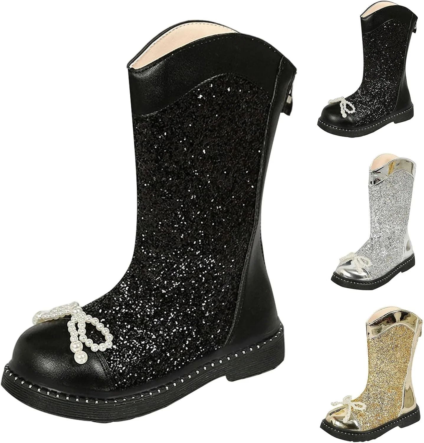 Детские сапоги для девочек с блестками и бантом Pearl Bowknot, Black