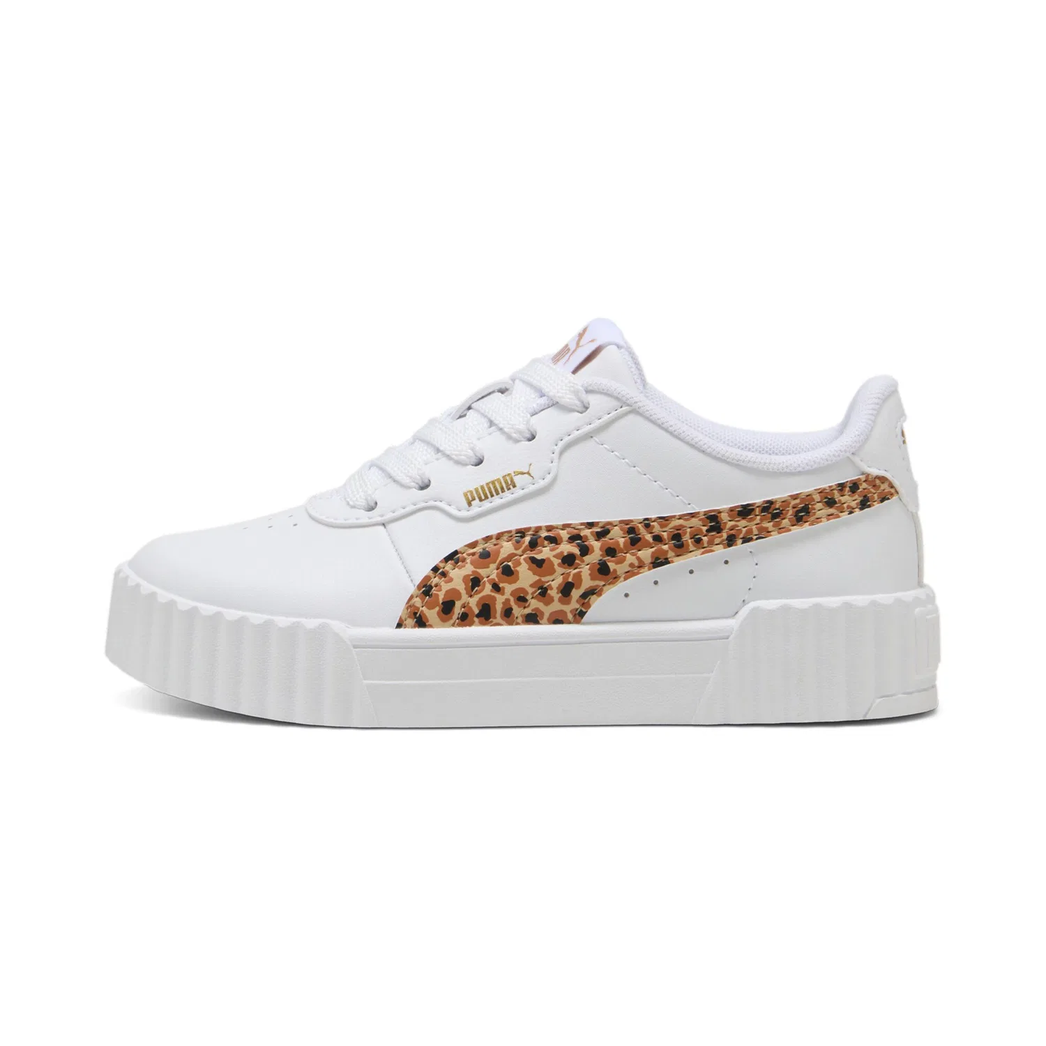 Детские кроссовки с леопардовым принтом Carina 3.0 Animal PS PUMA, White/Light Sand/Gold — фото 2